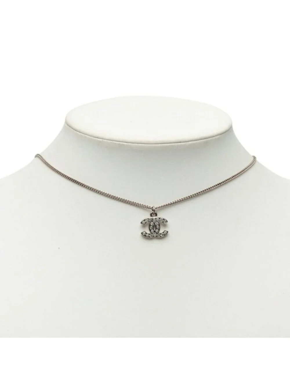 Chanel CC Logo Chain Pendant Stamp Silver Metal Rhinestone